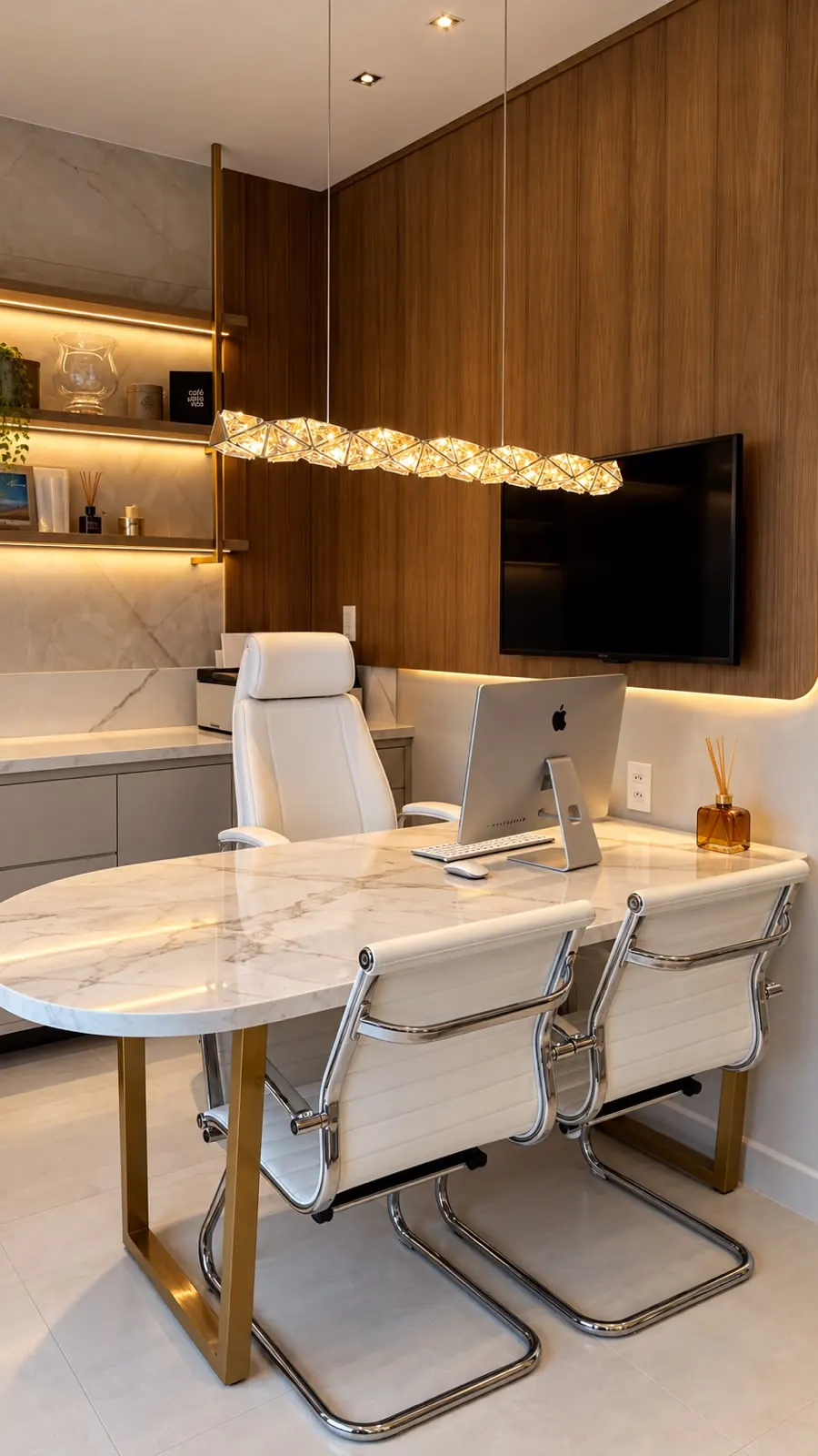 Consultório da Dra. Suellen com mesa de mármore branco e luminária pendente