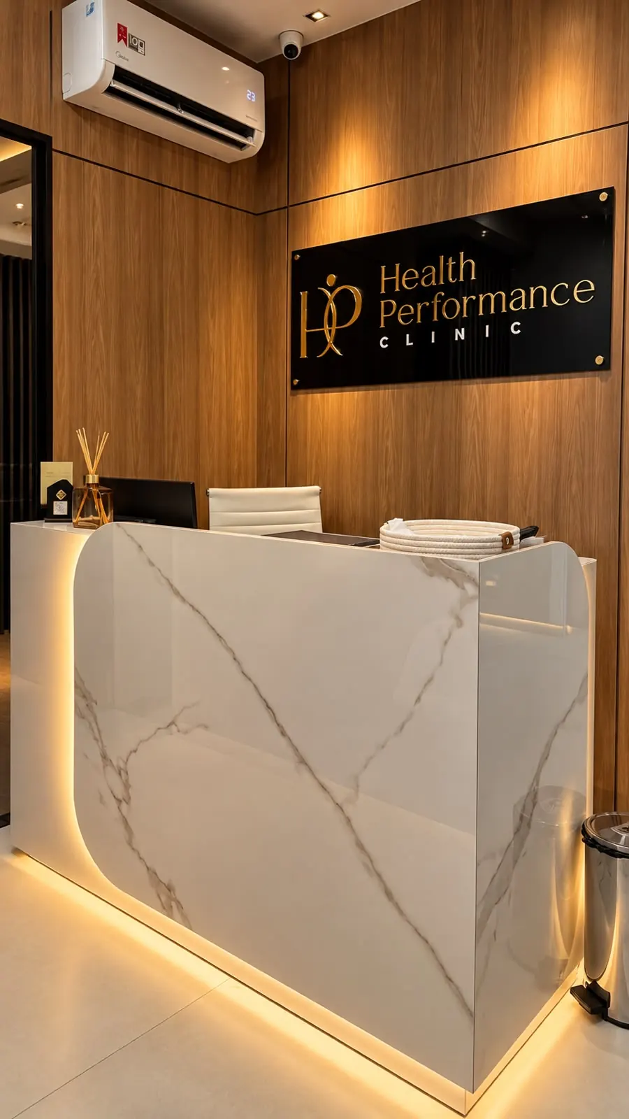 Recepção da Health Performance Clinic, com a logo dourada sobre painel de madeira e balcão de mármore